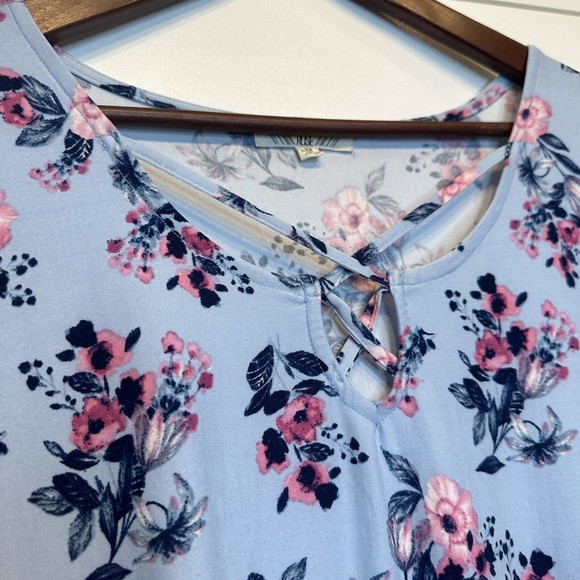 Pink Rose Short Sleeve Dress 2X XXL Blue Floral Stretch Criss Cross Knee Length - Picture 3 of 7